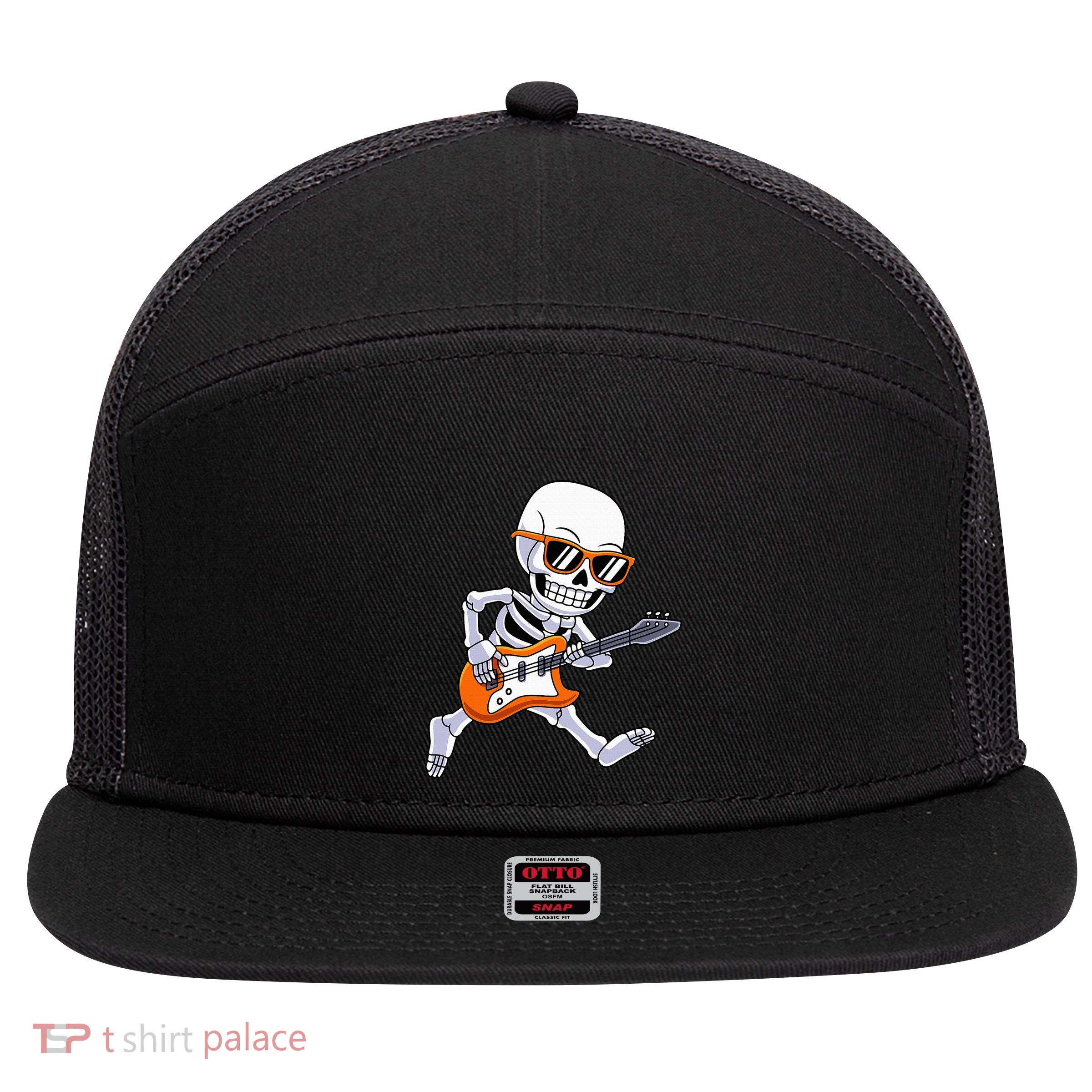 Skeleton Playing Guitar Rock Roll Kids Halloween 7 Panel Mesh Trucker Snapback Hat