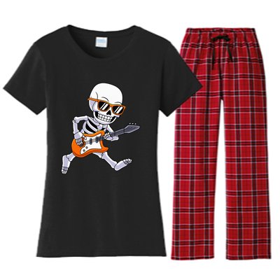 Skeleton Playing Guitar Rock Roll Kids Halloween Women's Flannel Pajama Set