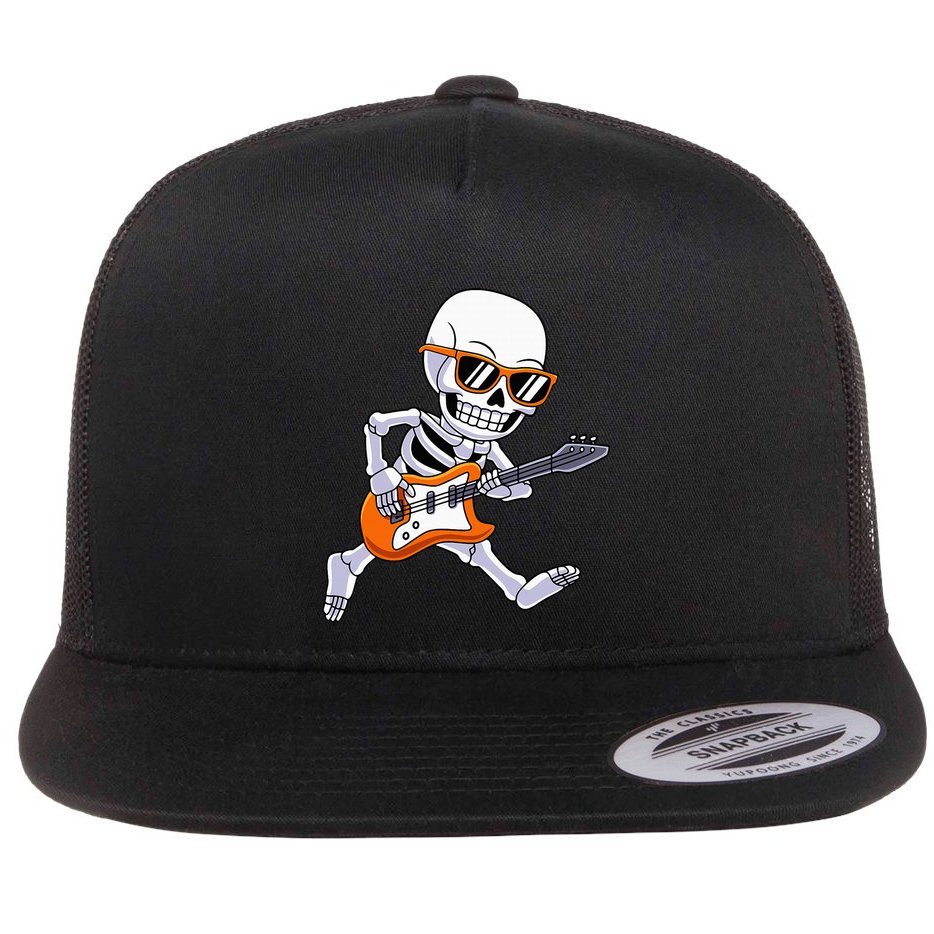 Skeleton Playing Guitar Rock Roll Kids Halloween Flat Bill Trucker Hat