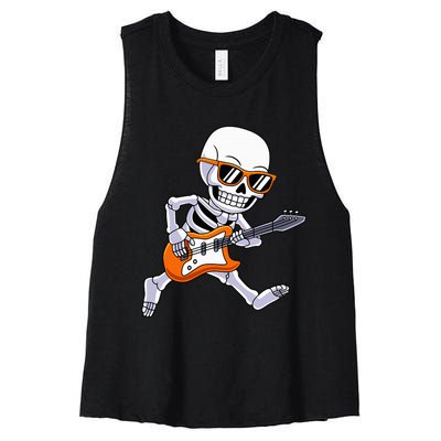 Skeleton Playing Guitar Rock Roll Kids Halloween Women's Racerback Cropped Tank