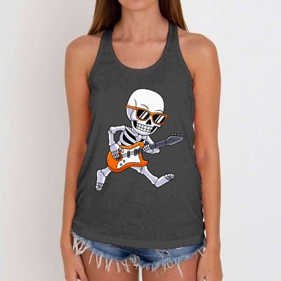 Skeleton Playing Guitar Rock Roll Kids Halloween Women's Knotted Racerback Tank