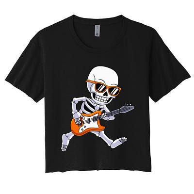 Skeleton Playing Guitar Rock Roll Kids Halloween Women's Crop Top Tee