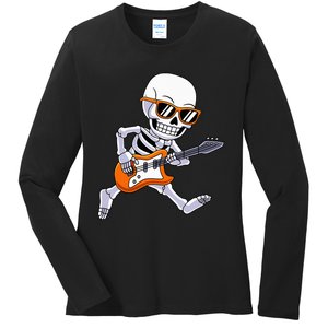 Skeleton Playing Guitar Rock Roll Kids Halloween Ladies Long Sleeve Shirt