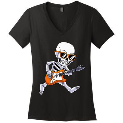 Skeleton Playing Guitar Rock Roll Kids Halloween Women's V-Neck T-Shirt