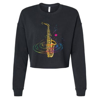 Sax Player Gift Idea Saxophonist Music Notes Saxophone Cropped Pullover Crew