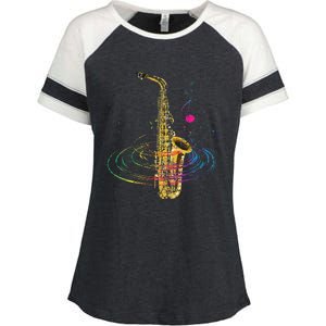 Sax Player Gift Idea Saxophonist Music Notes Saxophone Enza Ladies Jersey Colorblock Tee