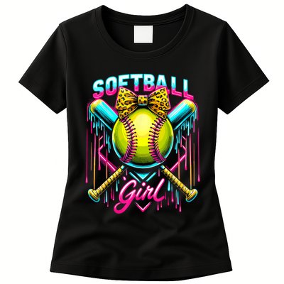 Softball Player Girl Ice Cream Softball Drip  Womens T-Shirt