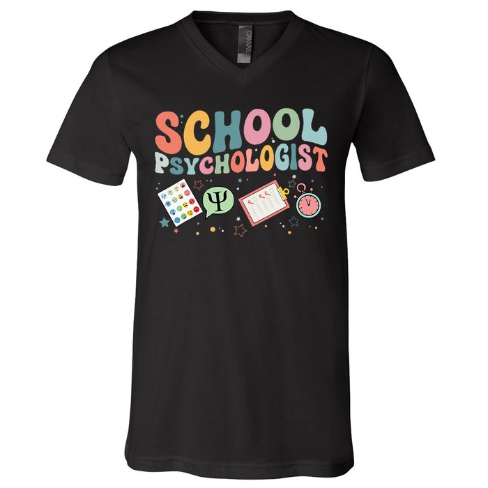 School Psychologist Groovy Psychology Teacher V-Neck T-Shirt