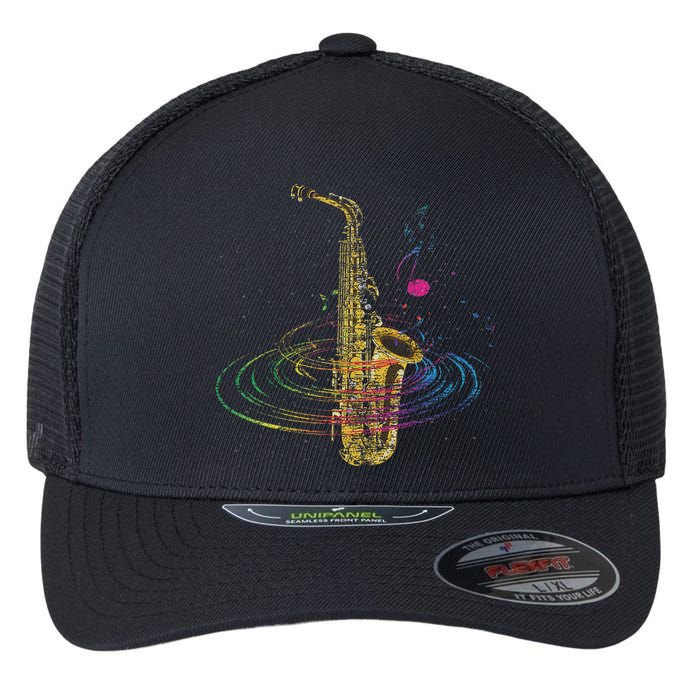 Sax Player Gift Idea Saxophonist Music Notes Saxophone Flexfit Unipanel Trucker Cap