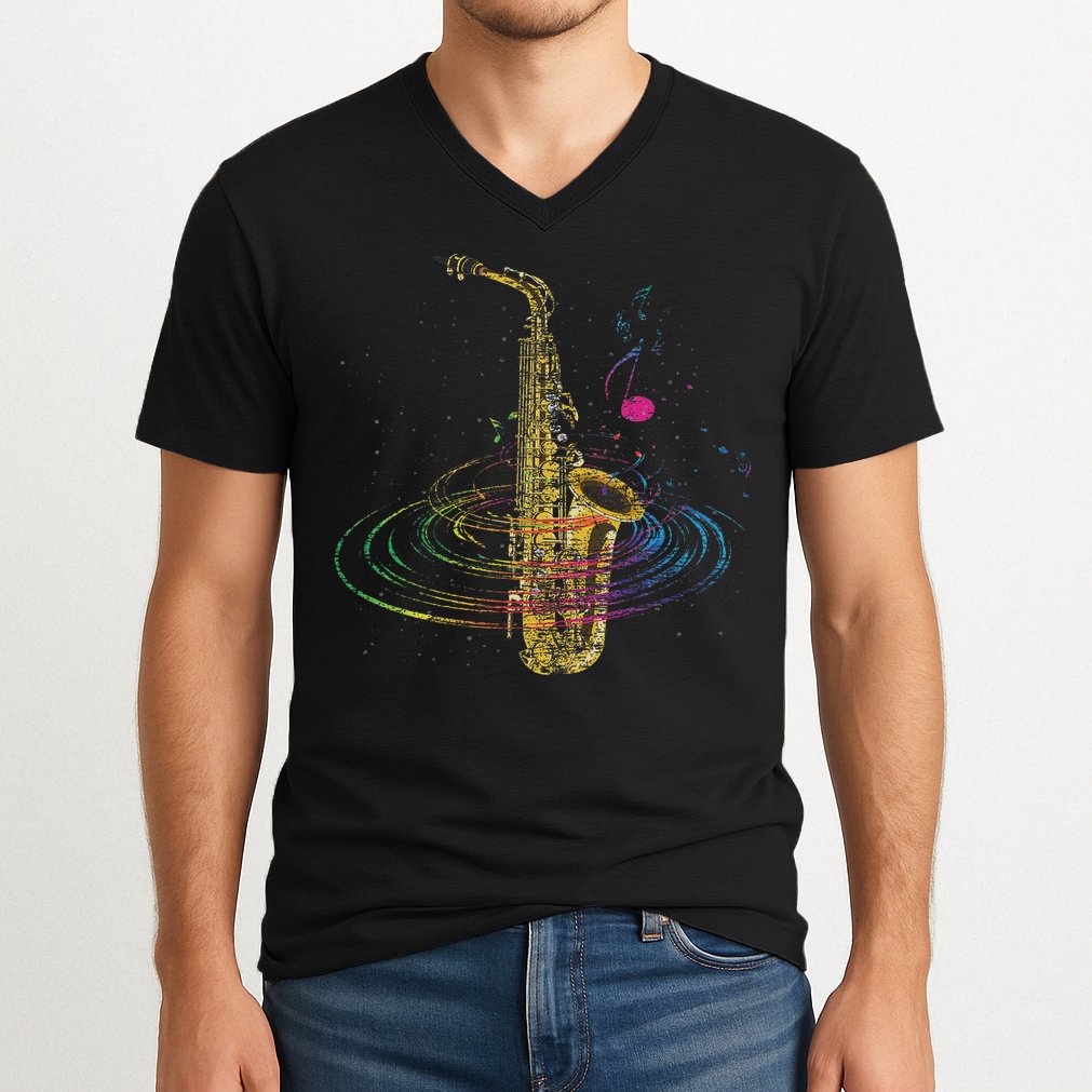 Sax Player Gift Idea Saxophonist Music Notes Saxophone V-Neck T-Shirt
