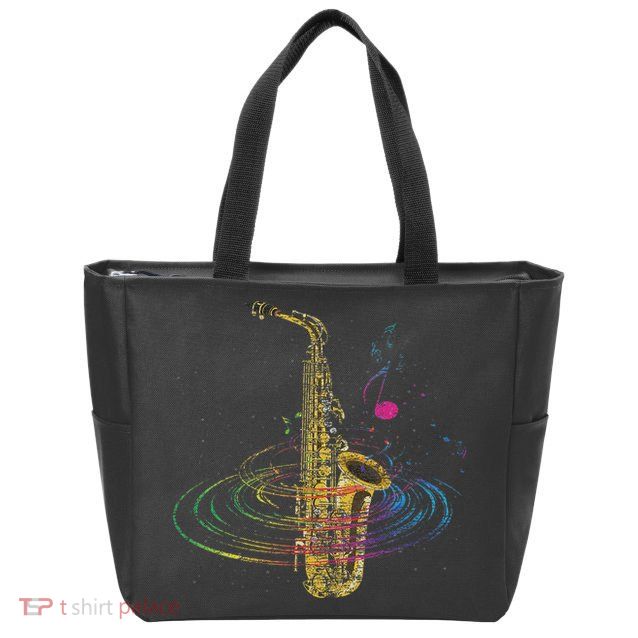 Sax Player Gift Idea Saxophonist Music Notes Saxophone Zip Tote Bag