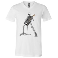 Skeleton Playing Guitar Rock And Roll Graphic Band V-Neck T-Shirt