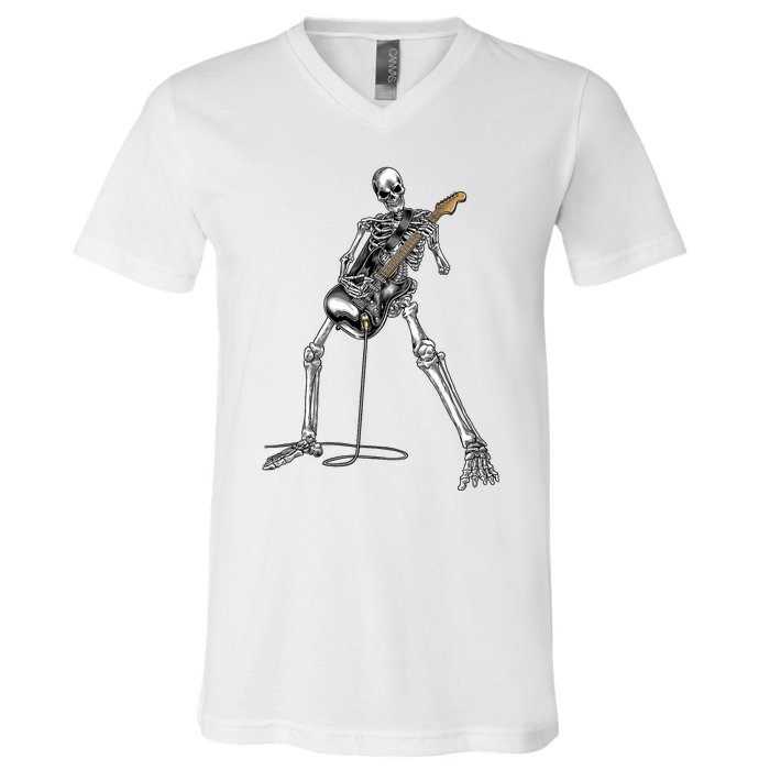 Skeleton Playing Guitar Rock And Roll Graphic Band V-Neck T-Shirt