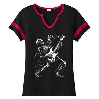 Skeleton Playing Guitar Music Gifts Rock Band Ladies Halftime Notch Neck Tee