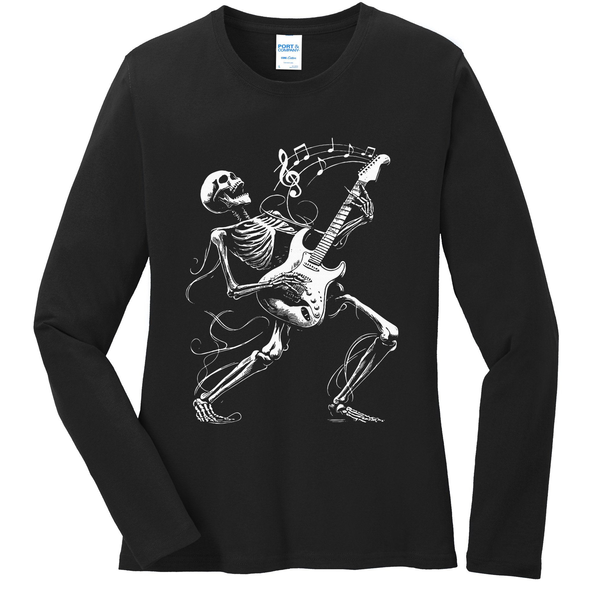 Skeleton Playing Guitar Music Gifts Rock Band Ladies Long Sleeve Shirt