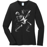 Skeleton Playing Guitar Music Gifts Rock Band Ladies Long Sleeve Shirt