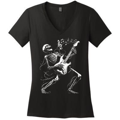 Skeleton Playing Guitar Music Gifts Rock Band Women's V-Neck T-Shirt