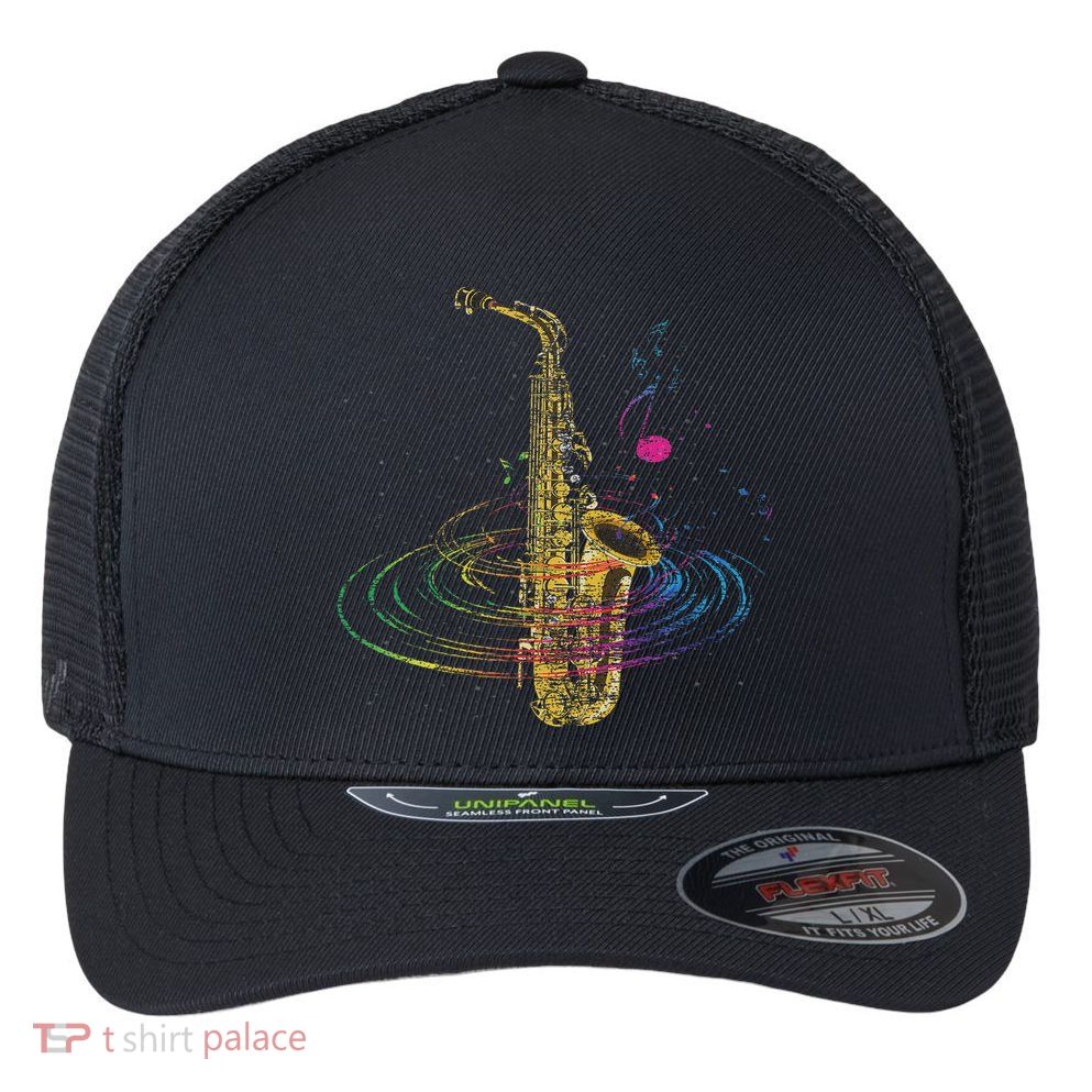 Sax Player Gift Idea Saxophonist Music Notes Saxophone Flexfit Unipanel Trucker Cap