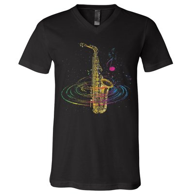 Sax Player Gift Idea Saxophonist Music Notes Saxophone V-Neck T-Shirt