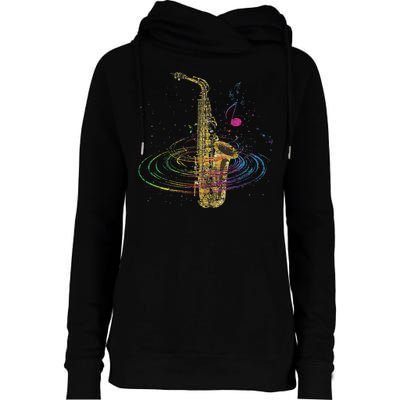 Sax Player Gift Idea Saxophonist Music Notes Saxophone Womens Funnel Neck Pullover Hood