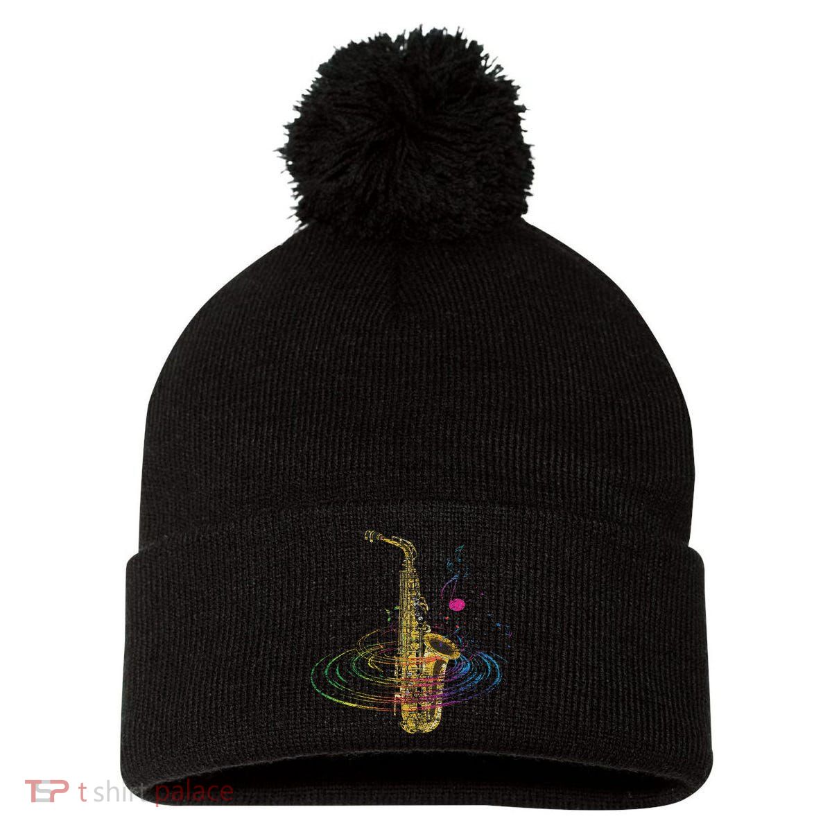 Sax Player Gift Idea Saxophonist Music Notes Saxophone Pom Pom 12in Knit Beanie
