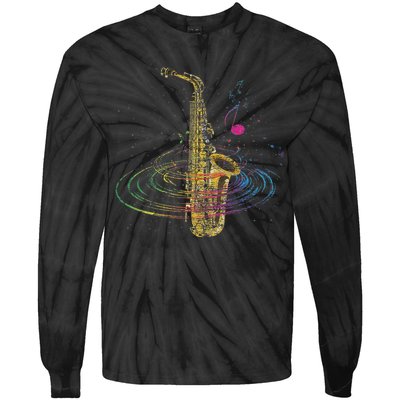 Sax Player Gift Idea Saxophonist Music Notes Saxophone Tie-Dye Long Sleeve Shirt