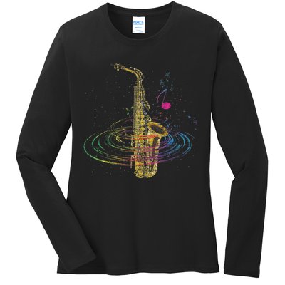 Sax Player Gift Idea Saxophonist Music Notes Saxophone Ladies Long Sleeve Shirt