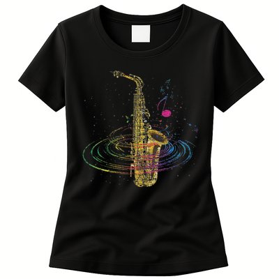 Sax Player Gift Idea Saxophonist Music Notes Saxophone Womens T-Shirt