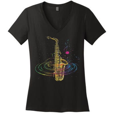 Sax Player Gift Idea Saxophonist Music Notes Saxophone Women's V-Neck T-Shirt
