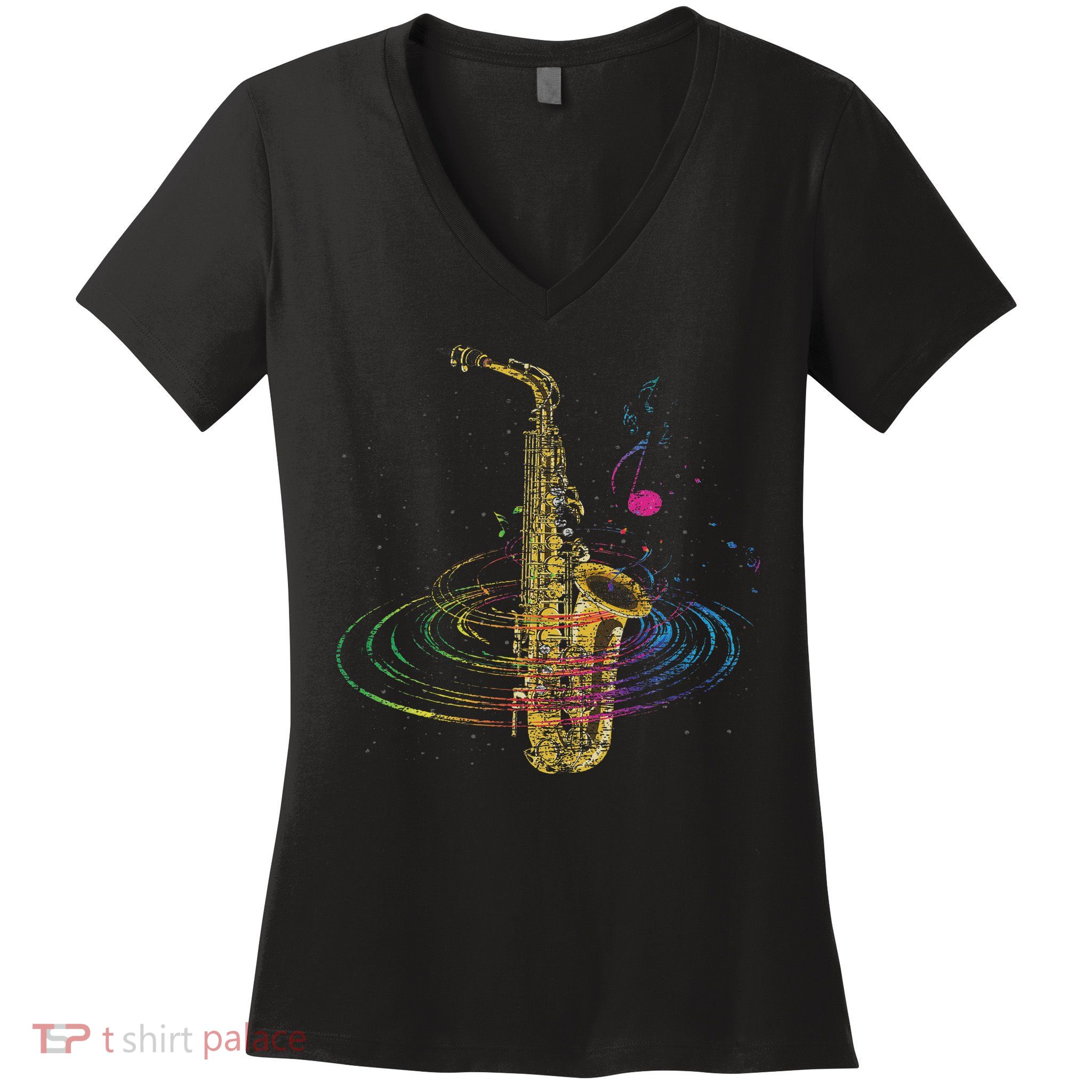 Sax Player Gift Idea Saxophonist Music Notes Saxophone Women's V-Neck T-Shirt