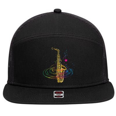 Sax Player Gift Idea Saxophonist Music Notes Saxophone 7 Panel Mesh Trucker Snapback Hat