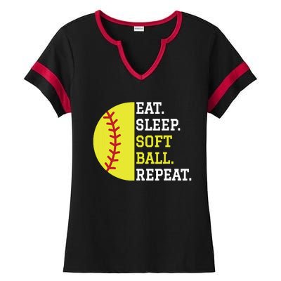 Softball Player Girl Teen Eat Sleep Softball Repeat Ladies Halftime Notch Neck Tee