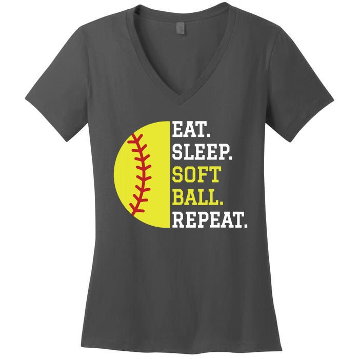 Softball Player Girl Teen Eat Sleep Softball Repeat Women's V-Neck T-Shirt