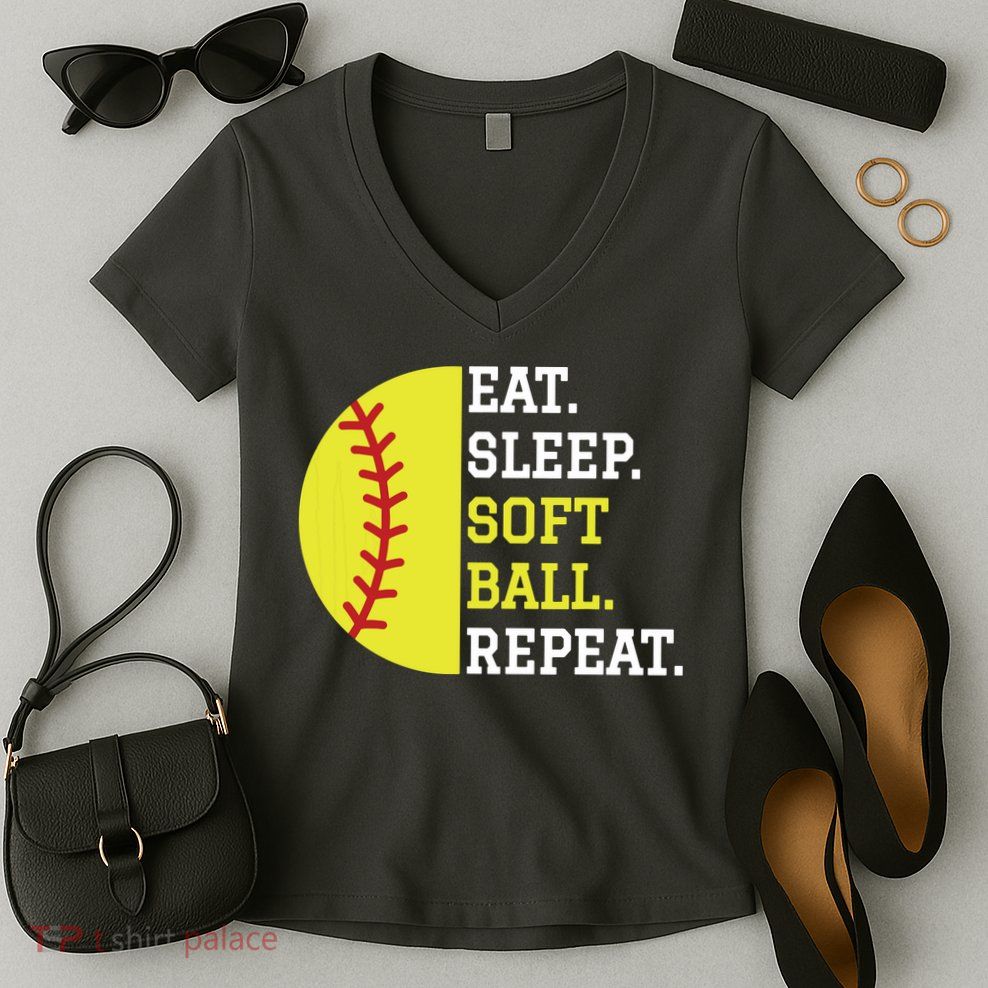 Softball Player Girl Teen Eat Sleep Softball Repeat Women's V-Neck T-Shirt