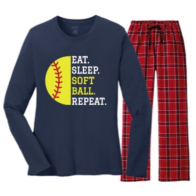 Softball Player Girl Teen Eat Sleep Softball Repeat Women's Long Sleeve Flannel Pajama Set 