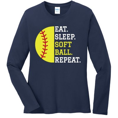 Softball Player Girl Teen Eat Sleep Softball Repeat Ladies Long Sleeve Shirt