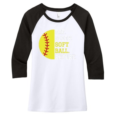 Softball Player Girl Teen Eat Sleep Softball Repeat Women's Tri-Blend 3/4-Sleeve Raglan Shirt