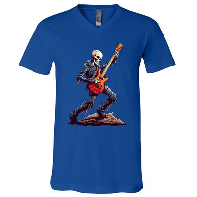 Skeleton Playing Guitar Rock And Roll Skeleton Hand Gift V-Neck T-Shirt