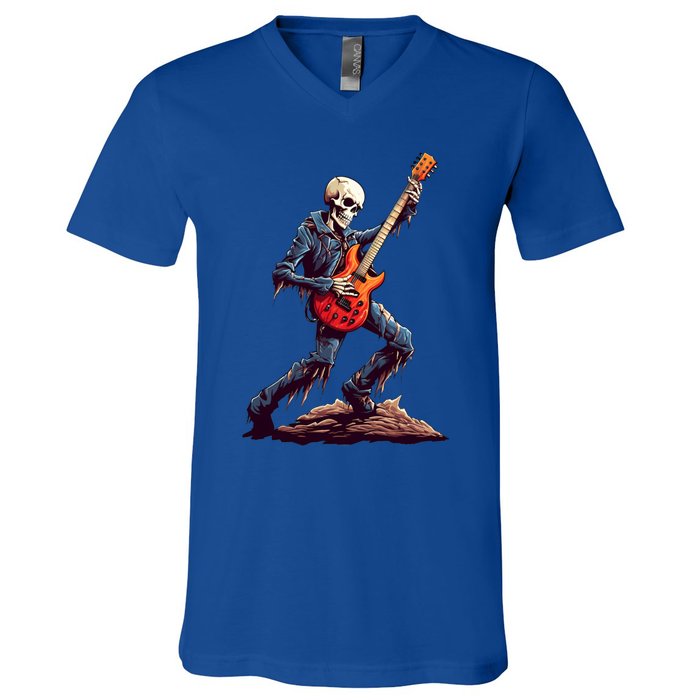 Skeleton Playing Guitar Rock And Roll Skeleton Hand Gift V-Neck T-Shirt