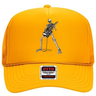 Skeleton Playing Guitar Rock And Roll High Crown Mesh Back Trucker Hat