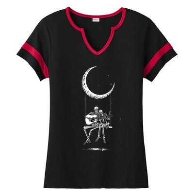 Skeleton Playing Guitar Band Ladies Halftime Notch Neck Tee