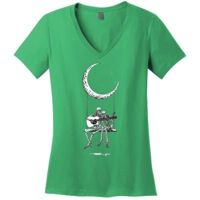 Skeleton Playing Guitar Band Women's V-Neck T-Shirt