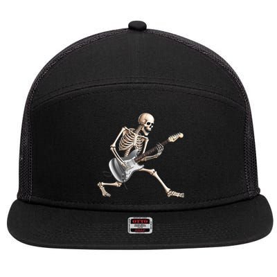 Skeleton Playing Guitar Rock And Roll Band Graphic 7 Panel Mesh Trucker Snapback Hat