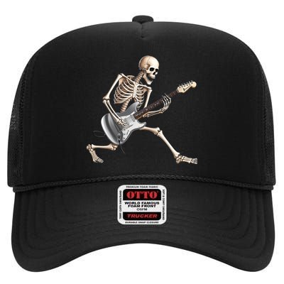 Skeleton Playing Guitar Rock And Roll Band Graphic High Crown Mesh Back Trucker Hat