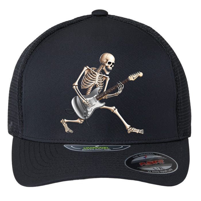 Skeleton Playing Guitar Rock And Roll Band Graphic Flexfit Unipanel Trucker Cap