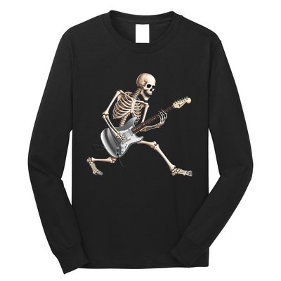 Skeleton Playing Guitar Rock And Roll Band Graphic Long Sleeve Shirt