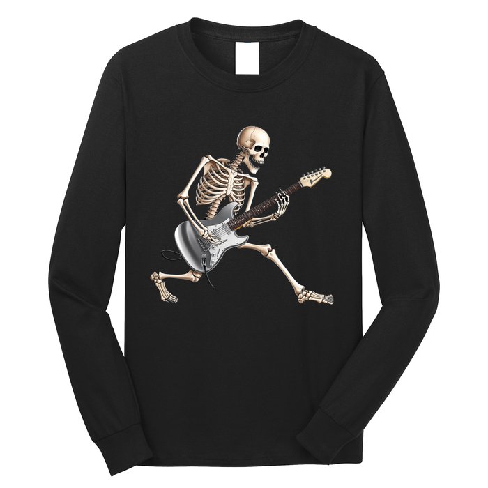 Skeleton Playing Guitar Rock And Roll Band Graphic Long Sleeve Shirt