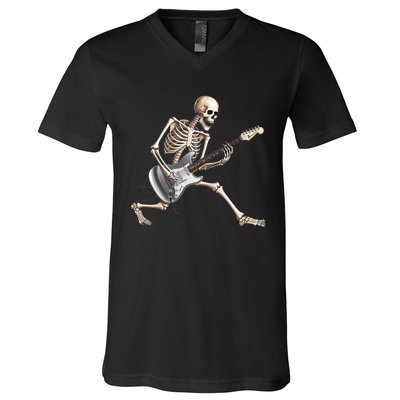 Skeleton Playing Guitar Rock And Roll Band Graphic V-Neck T-Shirt