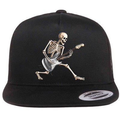 Skeleton Playing Guitar Rock And Roll Band Graphic Flat Bill Trucker Hat