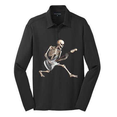 Skeleton Playing Guitar Rock And Roll Band Graphic Silk Touch Performance Long Sleeve Polo